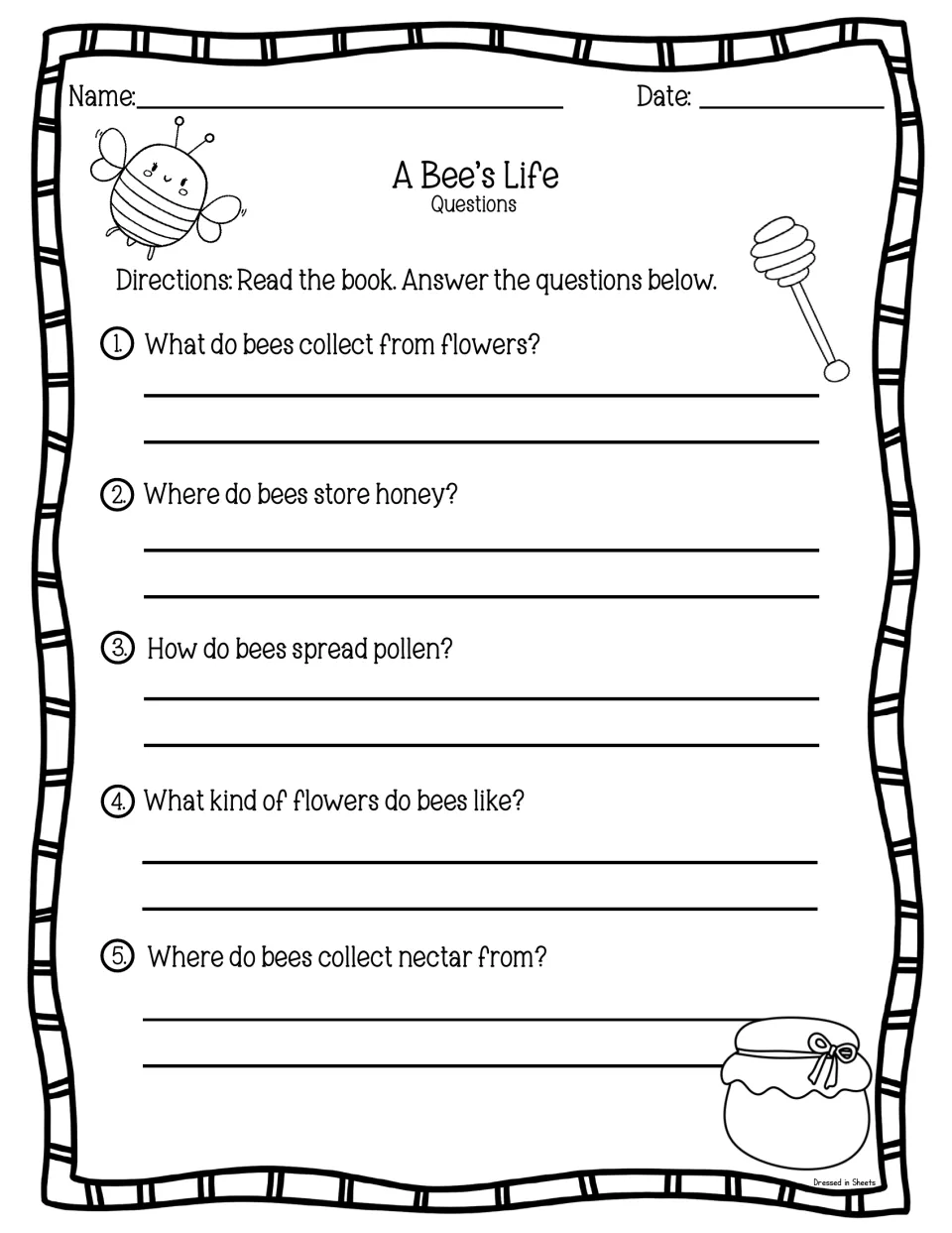 A Bee's Life questions: students reread the book and write answers to 5 questions about nectar, pollen, honey and flowers