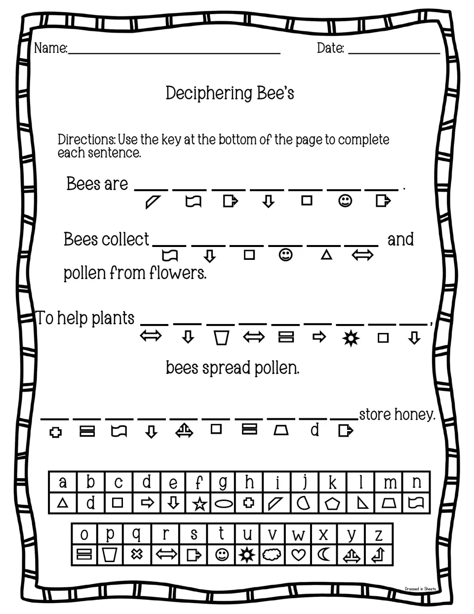 Deciphering Bee's code puzzle: students use a symbol-to-letter key to decode missing words in 4 sentences about bees