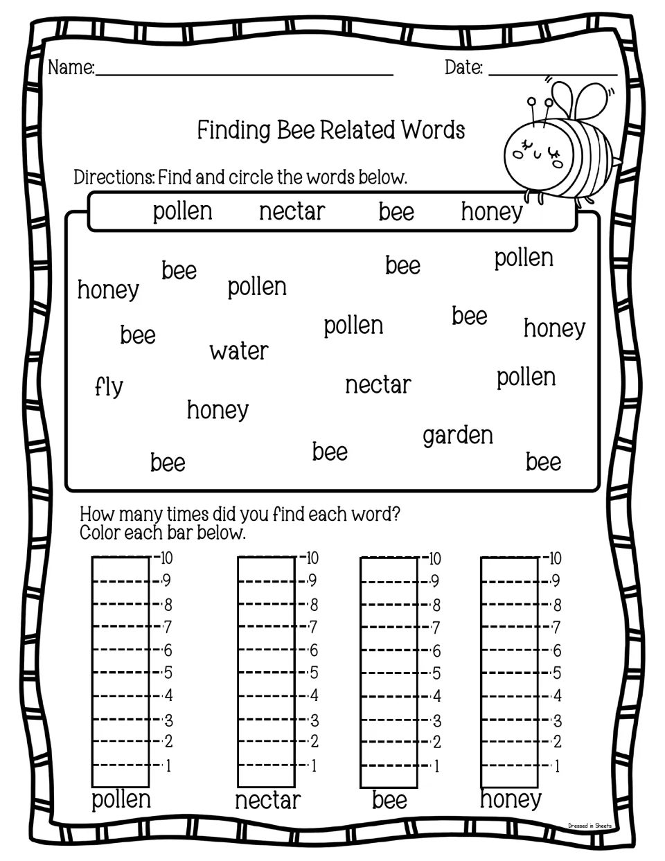 Finding Bee Related Words: students circle pollen, nectar, bee and honey, then color a bar graph of how often each appears