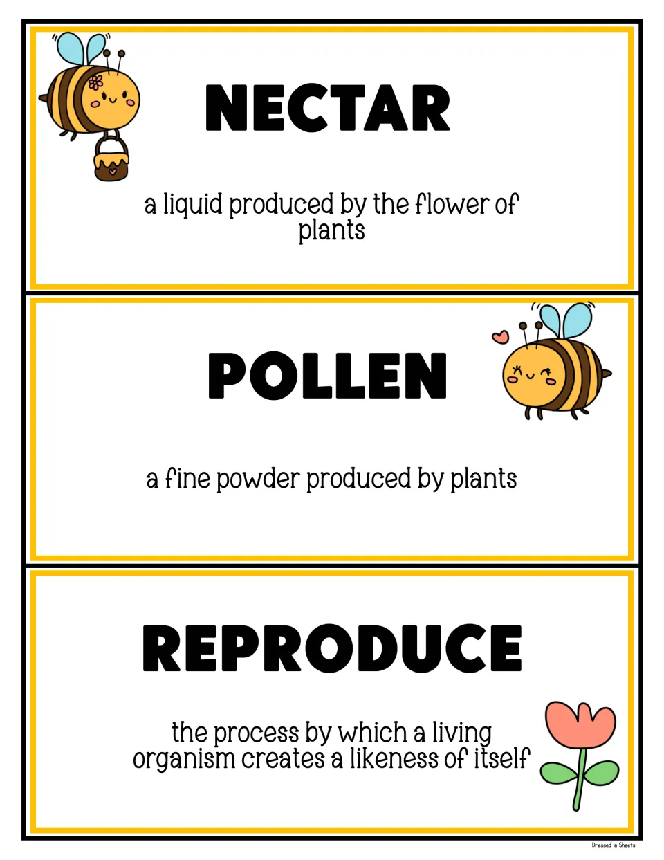 3 bee vocabulary cards defining nectar as a flower liquid, pollen as a fine plant powder, and reproduce