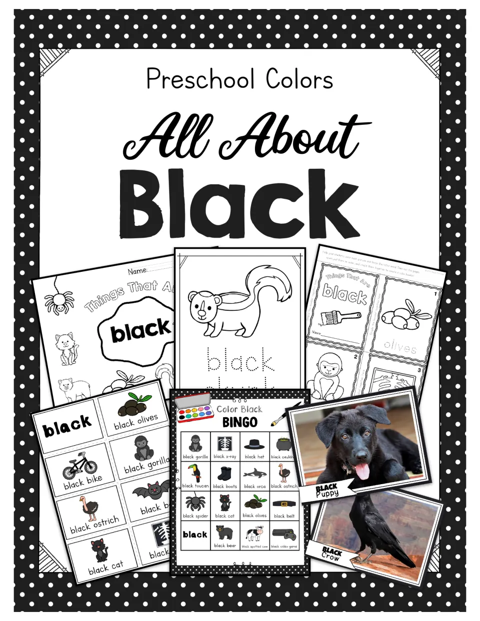 Preschool Colors All About Black cover previewing a coloring page, mini booklet, word cards, BINGO and animal photos