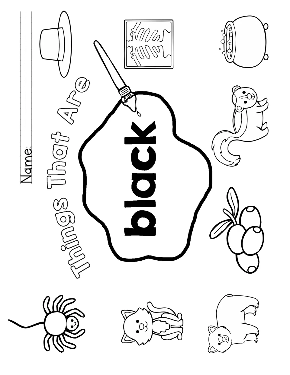 Things That Are black coloring page: students color a hat, x-ray, cauldron, skunk, olives, bear, cat and spider
