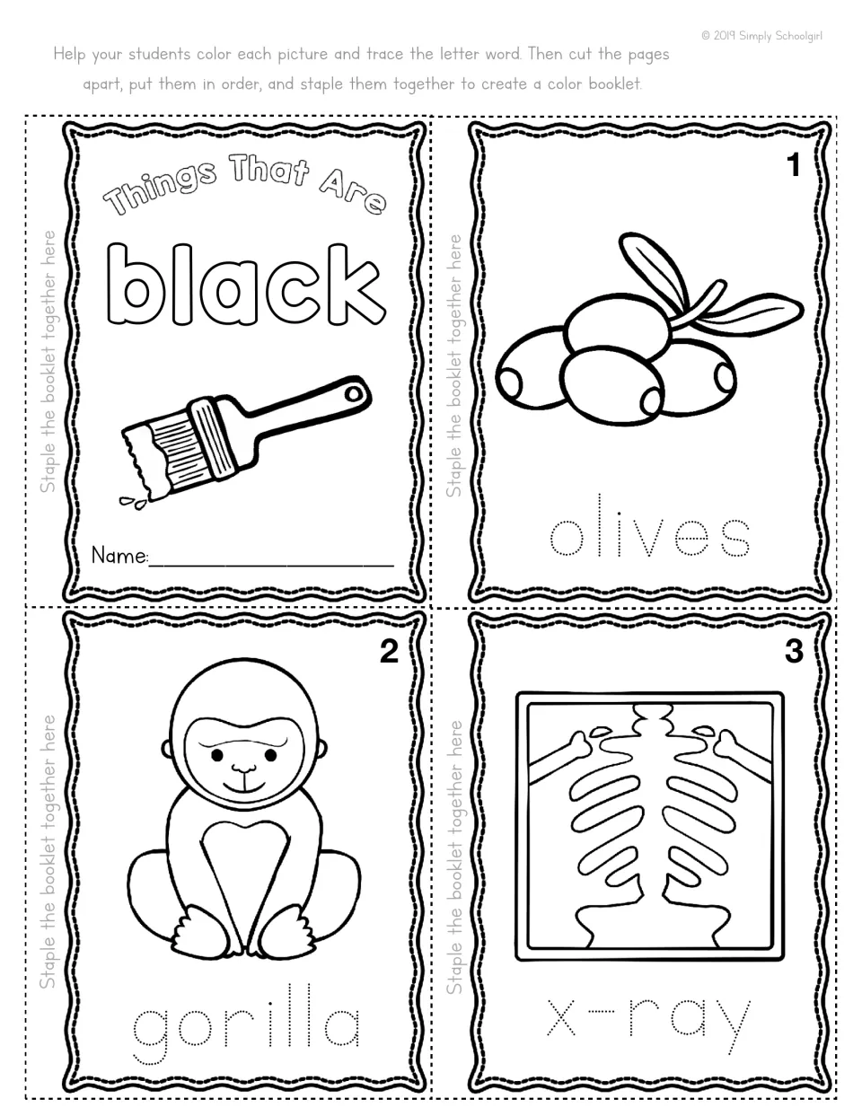 Color booklet pages: cover plus olives, gorilla and x-ray; students color each picture and trace the dotted word