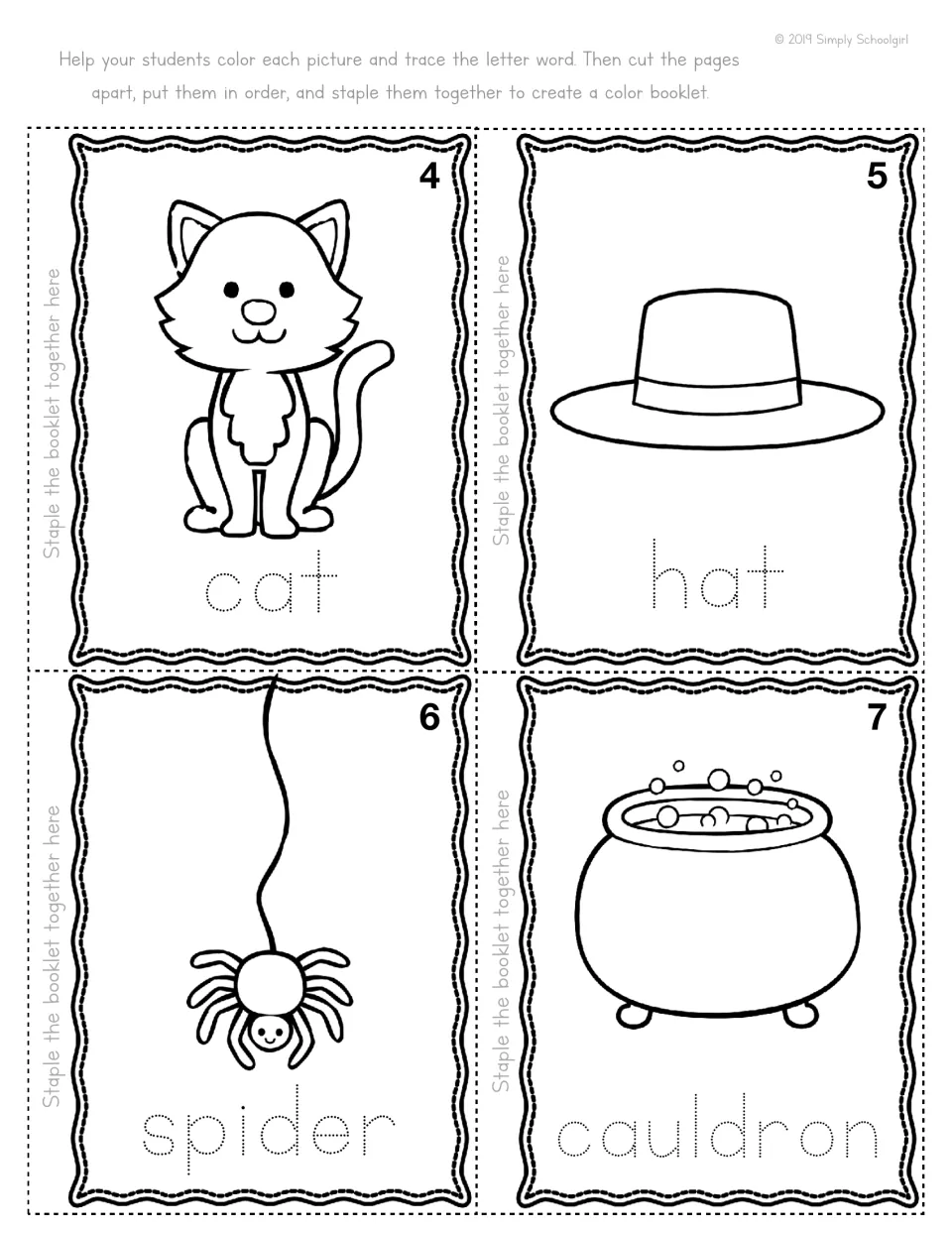 Booklet pages 4 to 7: students color a cat, hat, spider and cauldron and trace each dotted word before stapling