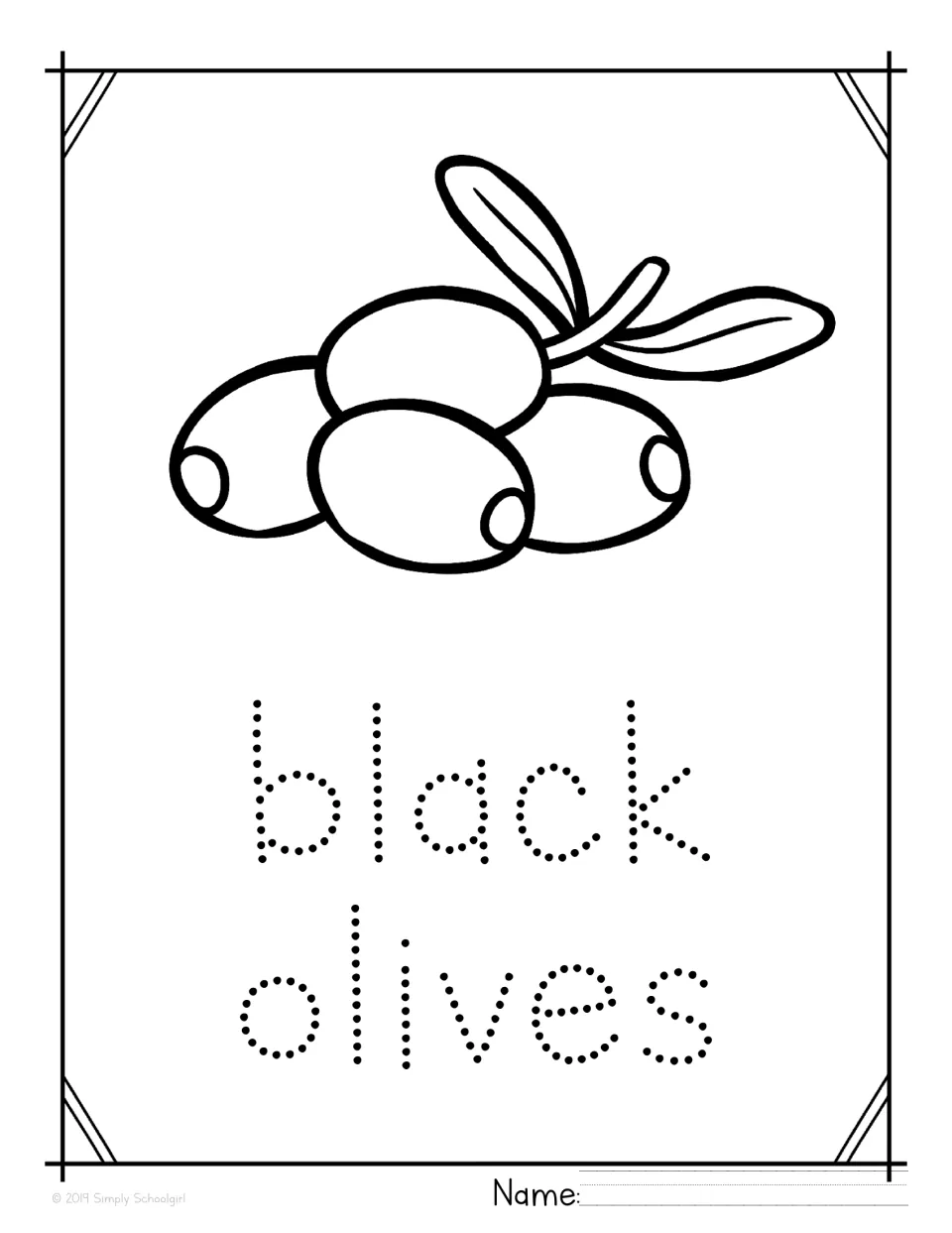 Color-word tracing: students color a leafy fruit sprig, then trace the dotted words black olives and write their name