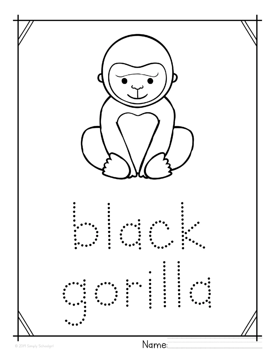 Tracing practice: students color a smiling seated ape drawing, trace the dotted phrase black gorilla and print their name