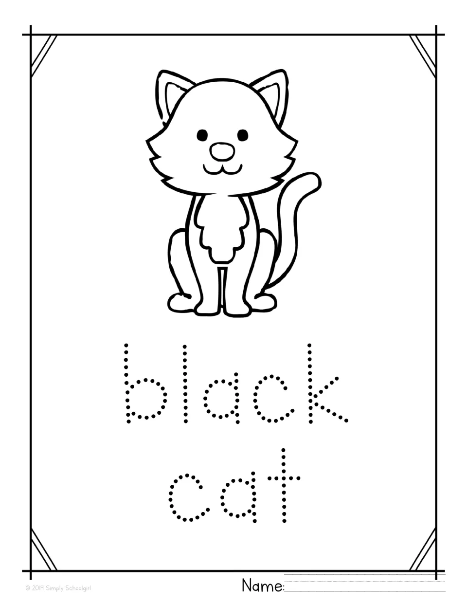 Handwriting page: students color a smiling kitten sitting upright, trace the dotted words black cat and sign the name line