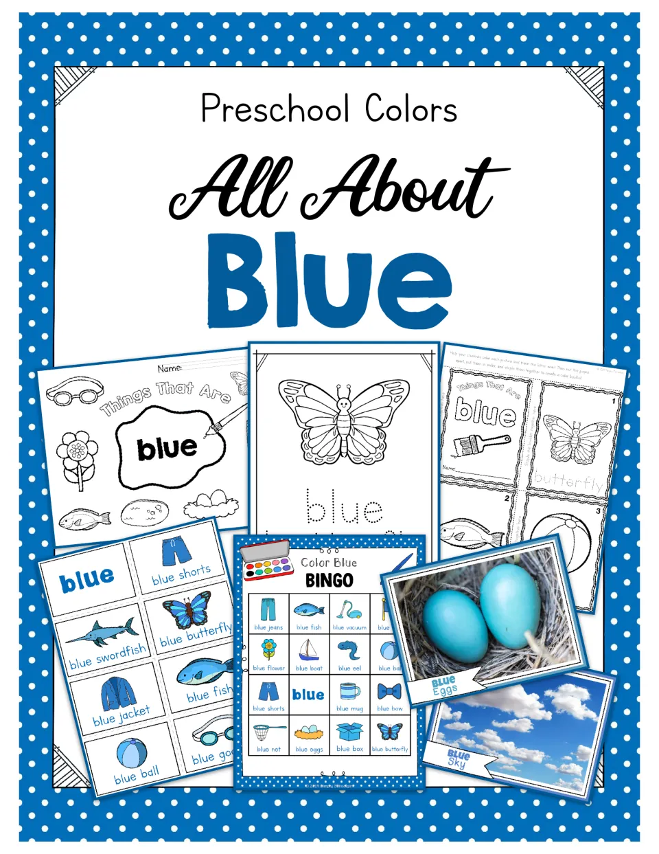 All About Blue cover: preschool colors kit shown with a coloring page, tracing booklet, bingo board, word and photo cards