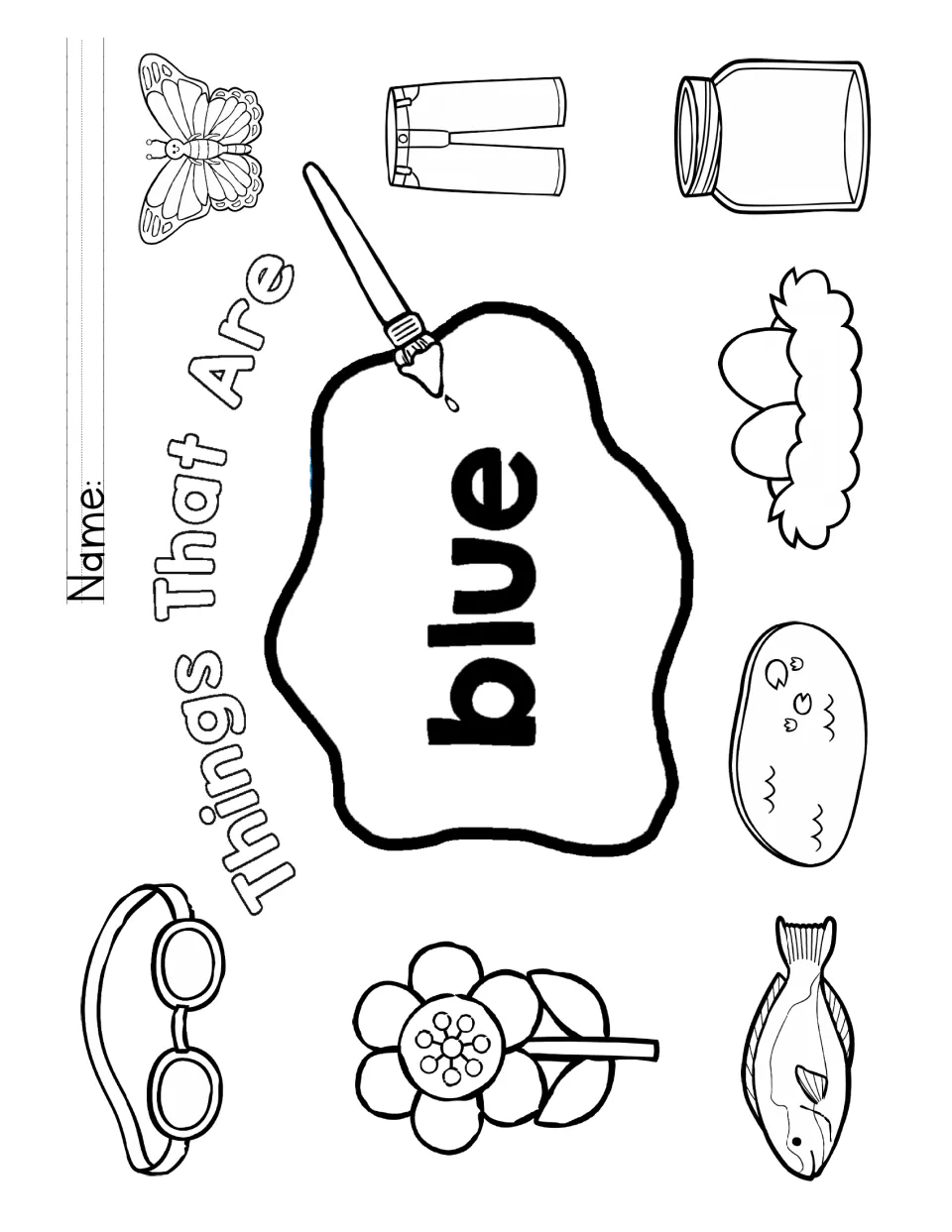 Things That Are Blue coloring page: students color a butterfly, jeans, jar, eggs, pond, fish, flower and goggles