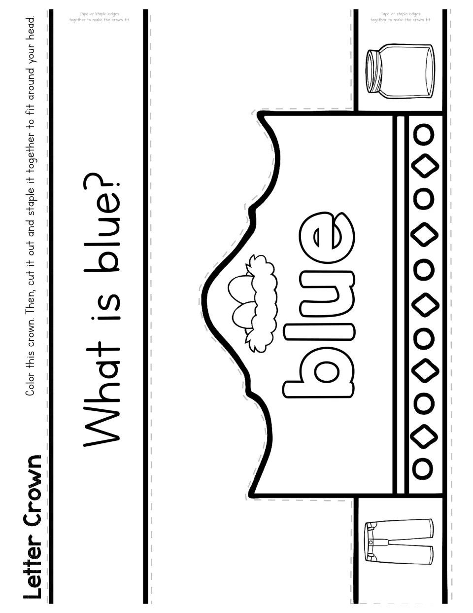 Letter crown asking What is blue?: students color the blue word crown with eggs, jar and jeans, then cut and staple it