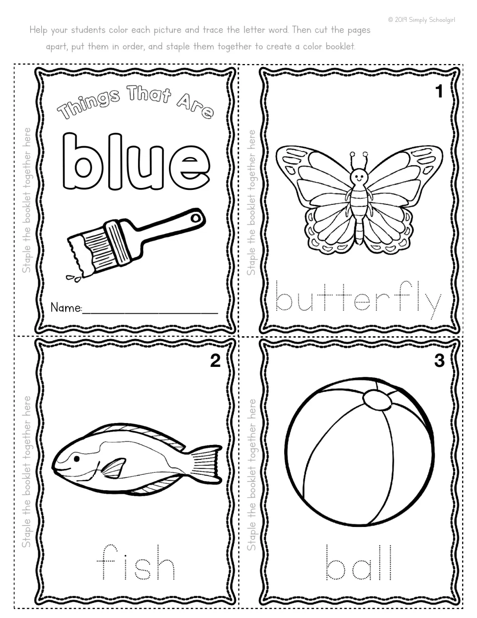 Things That Are Blue mini booklet, cover and pages 1-3: students color and trace the words butterfly, fish and ball