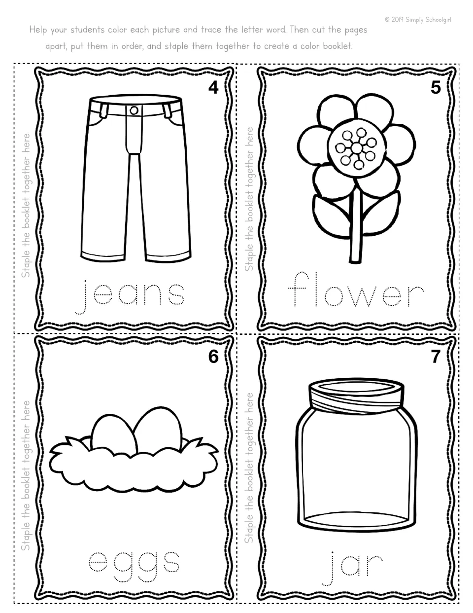 Blue color booklet pages 4-7: students color pictures and trace the dotted words jeans, flower, eggs and jar