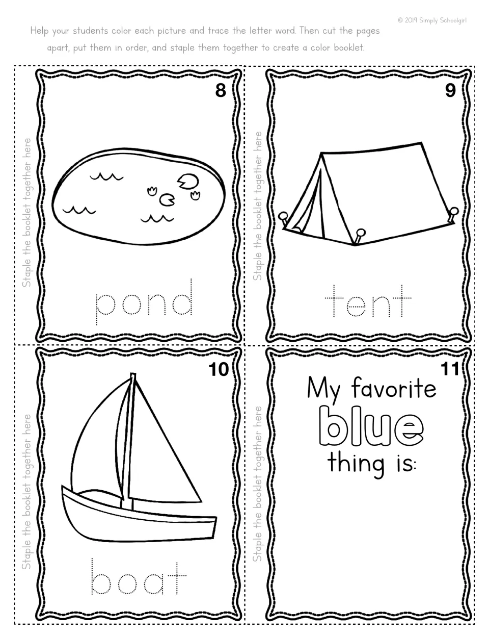 Blue color booklet pages 8-11: students trace pond, tent and boat, then finish My favorite blue thing is: