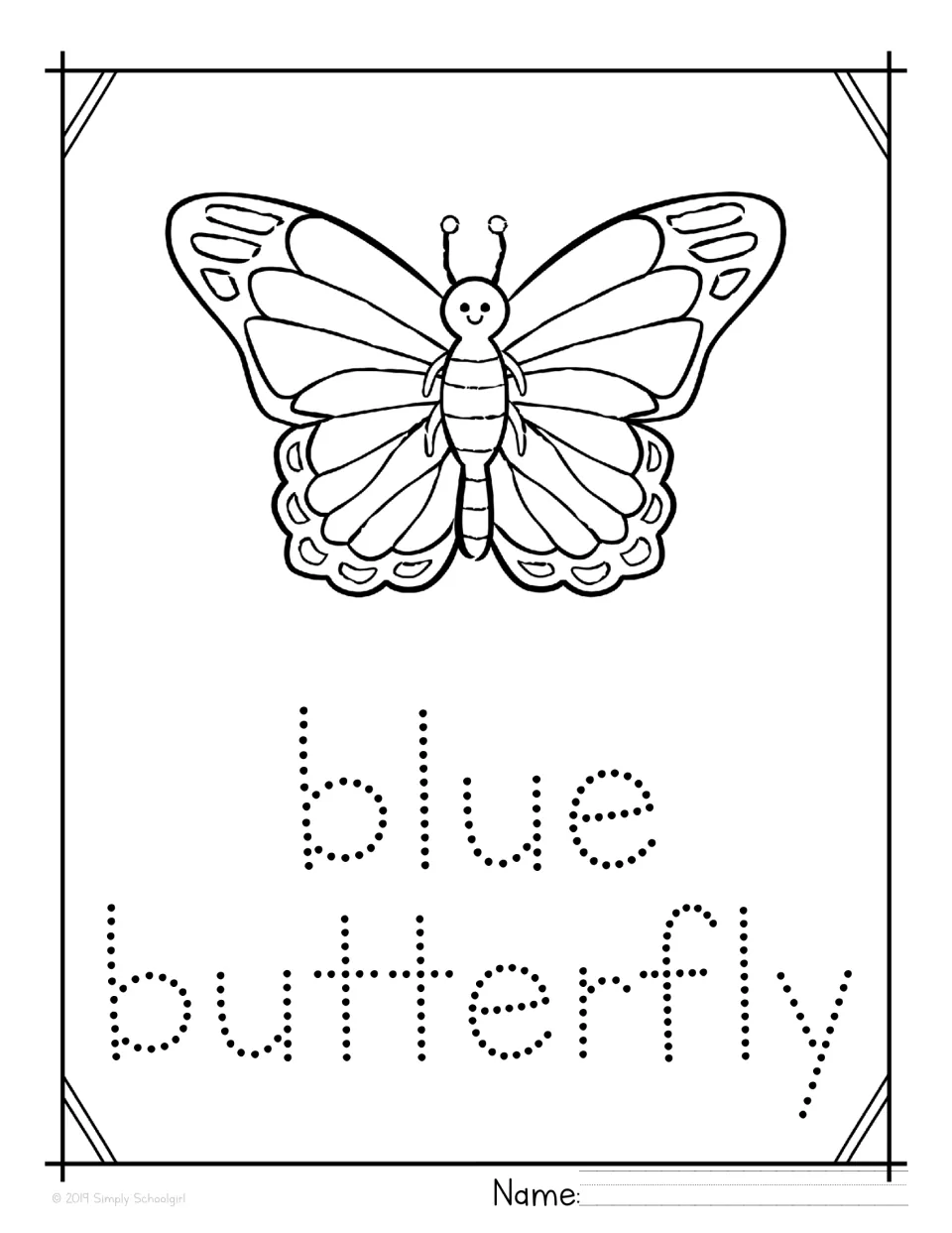 Blue butterfly tracing page: students color the butterfly drawing and trace the dotted words blue butterfly