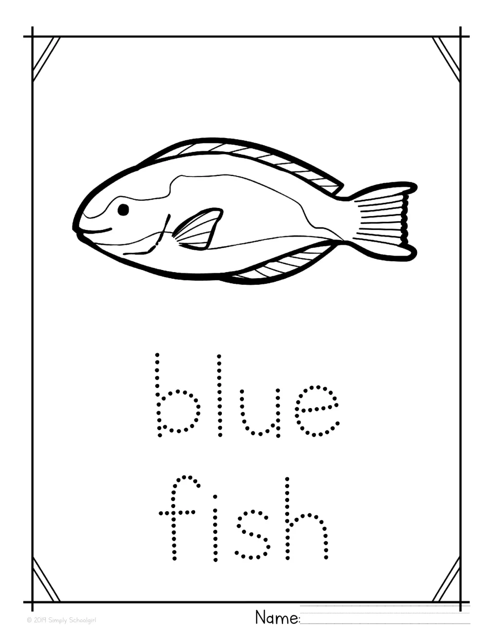Blue fish tracing page: students color the smiling fish drawing and trace the dotted words blue fish below it