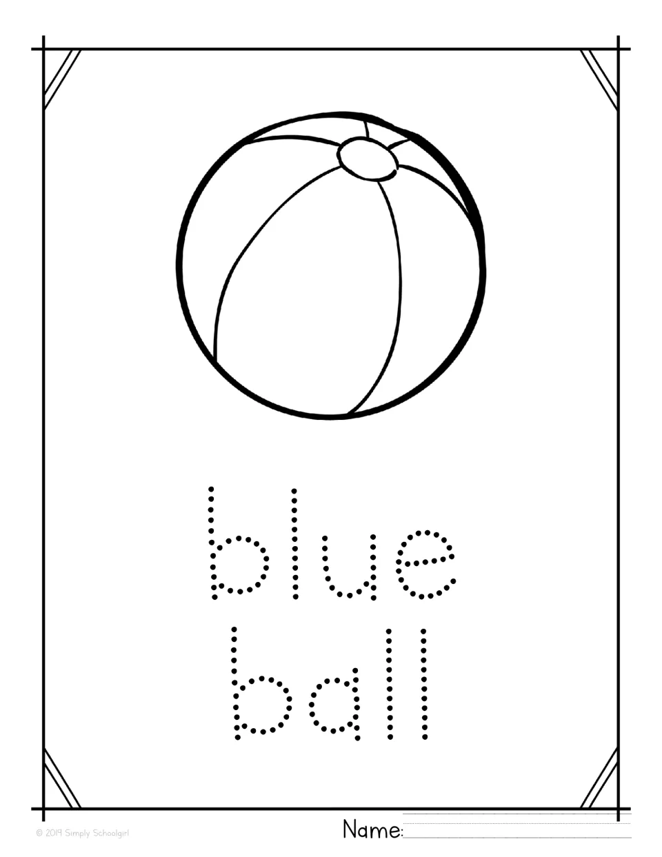 Blue ball tracing page: students color the beach ball drawing and trace the dotted words blue ball underneath
