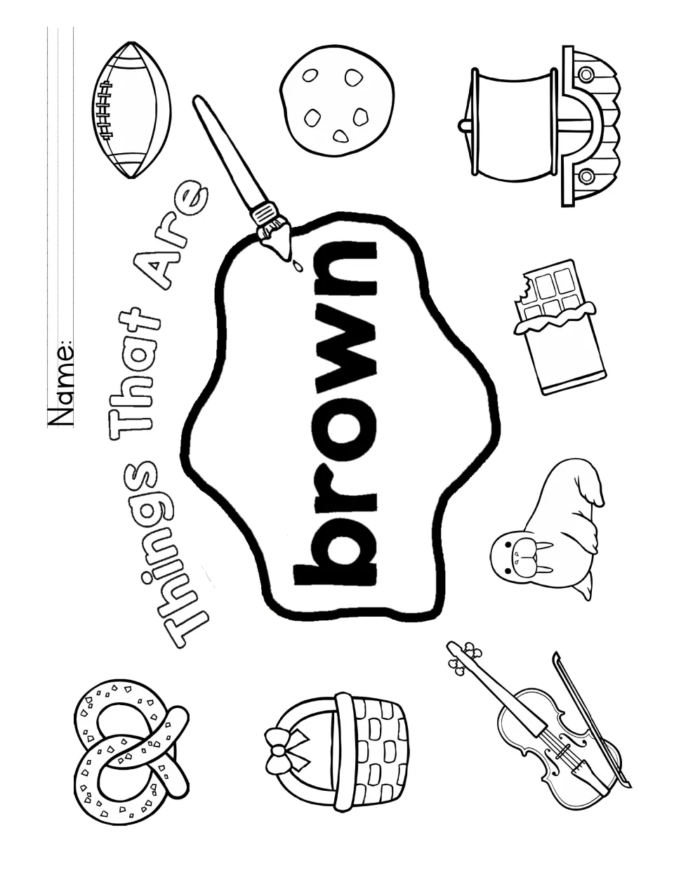 Things That Are brown coloring page: students color a cookie, football, ship, chocolate, walrus, violin, basket and pretzel