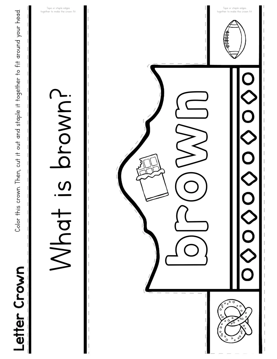 Letter Crown, What is brown?: students color a brown word crown with chocolate and pretzel art, then cut and staple it