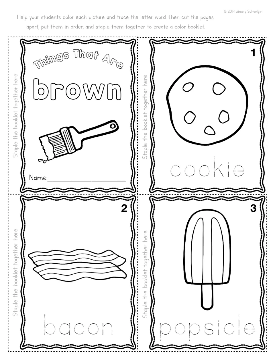 Brown mini booklet pages: cover plus pages 1-3 where students color a cookie, bacon and popsicle and trace each word