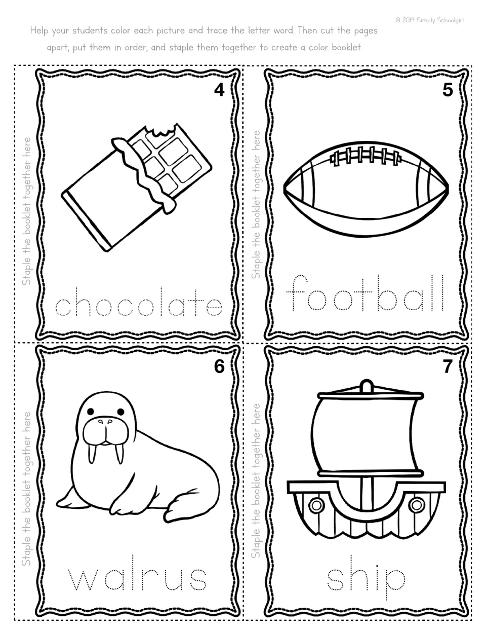 Booklet pages 4-7 on brown things: students color a chocolate bar, football, walrus and ship and trace each dotted word