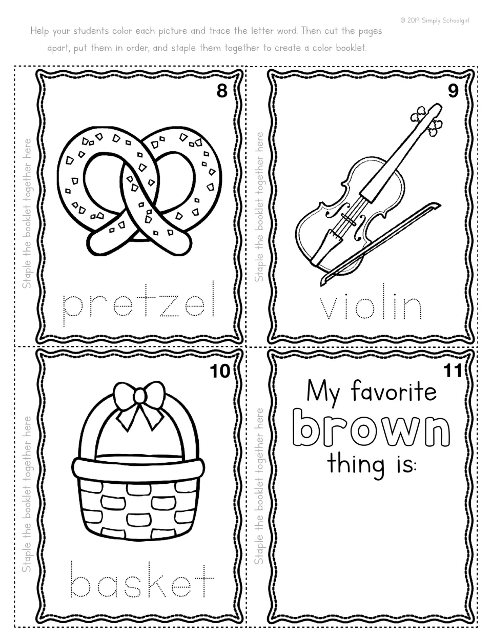 Booklet pages 8-11: students color and trace pretzel, violin and basket, then show their favorite brown thing on page 11