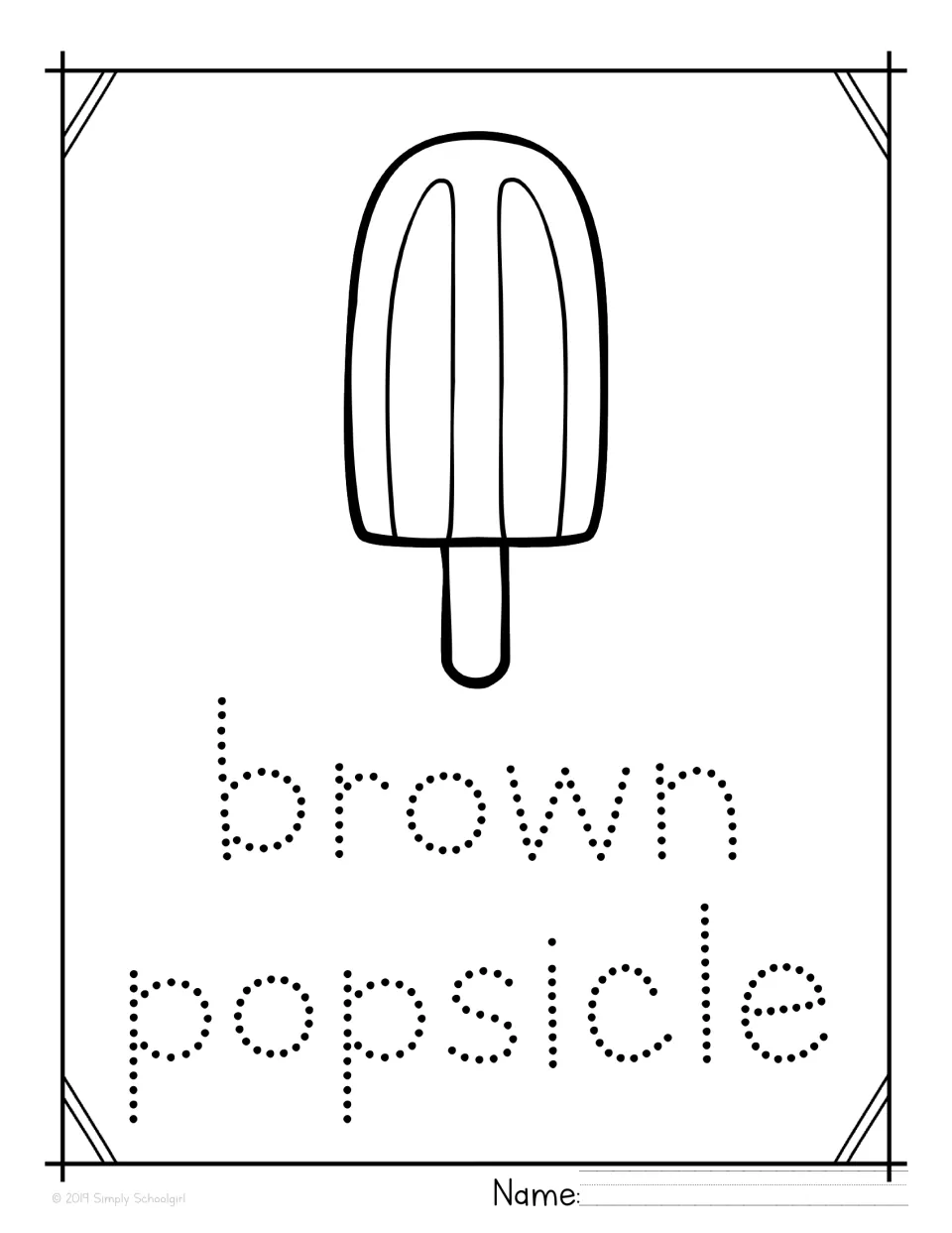 Brown popsicle tracing page: students color a popsicle and trace the dotted words brown popsicle, then write their name