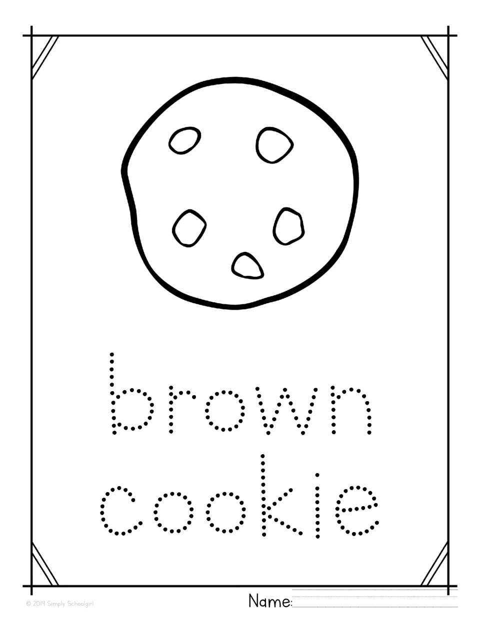 Brown cookie tracing page: students color a chocolate chip cookie and trace the dotted words brown cookie below it
