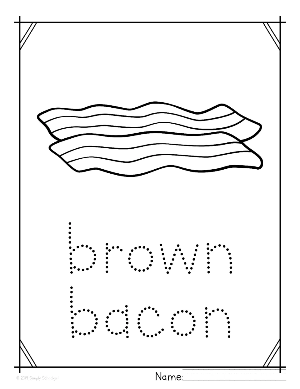 Brown bacon tracing page: students color two strips of bacon and trace the dotted words brown bacon for letter formation