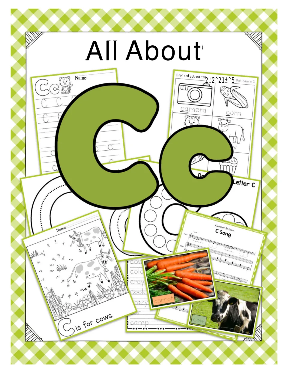 All About Cc cover showing letter C tracing, color-and-cut words, a C dot-to-dot, a C Song and carrot and cow photo cards