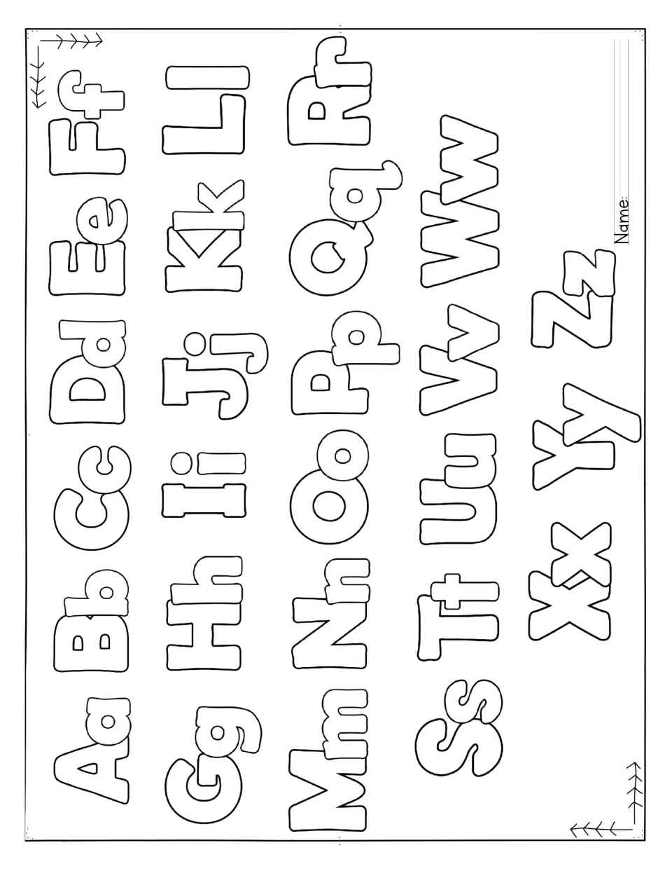 Alphabet coloring sheet: bubble uppercase and lowercase letters Aa to Zz for students to color, with a name line
