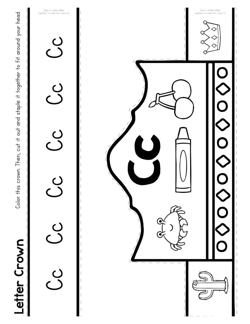 Letter Crown: students color a Cc crown with cherries, crayon and crab, then cut and staple it to fit their head