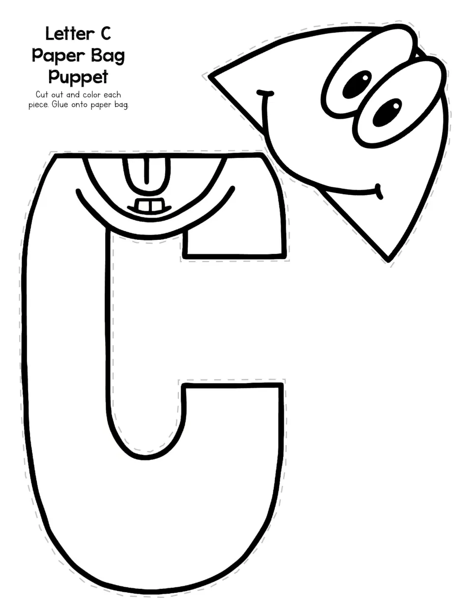 Letter C Paper Bag Puppet: students color and cut out a C body and a smiling head, then glue them onto a paper bag