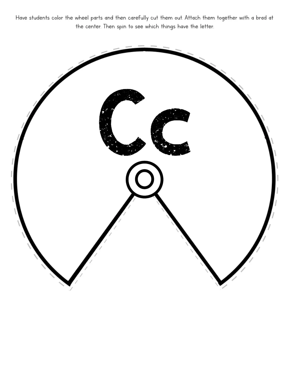 Letter C spinner cut-out piece: top wheel with Cc, a brad hole and an open wedge that reveals one picture