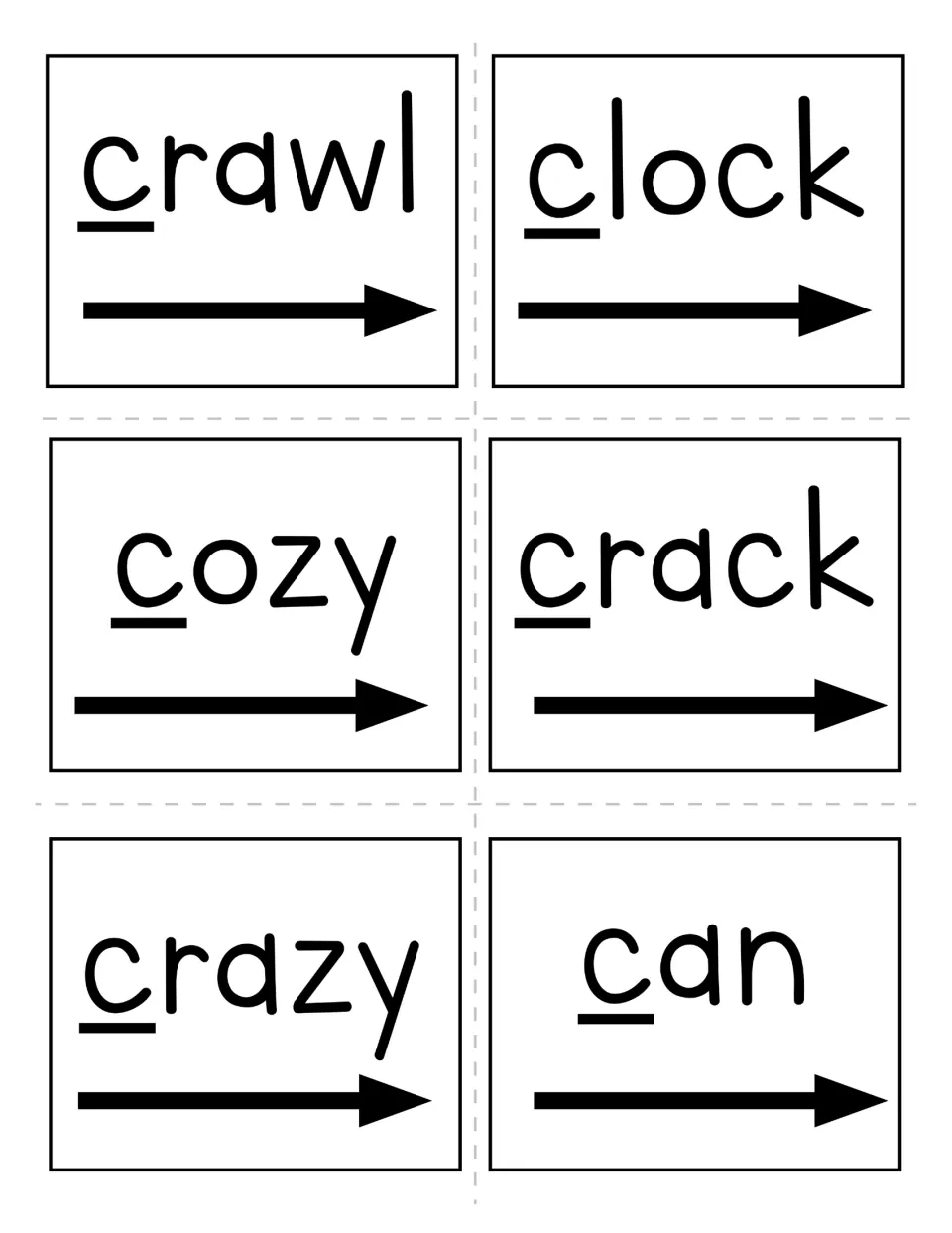 Letter C word cards: crawl, clock, cozy, crack, crazy and can, each with the c underlined and an arrow beneath the word