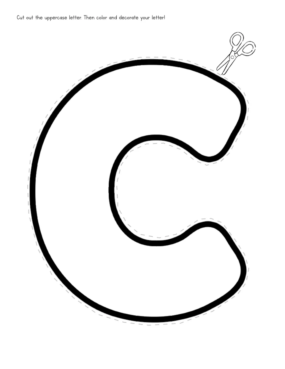 Uppercase C template: students cut out a large bubble letter C, then color and decorate it in their own way