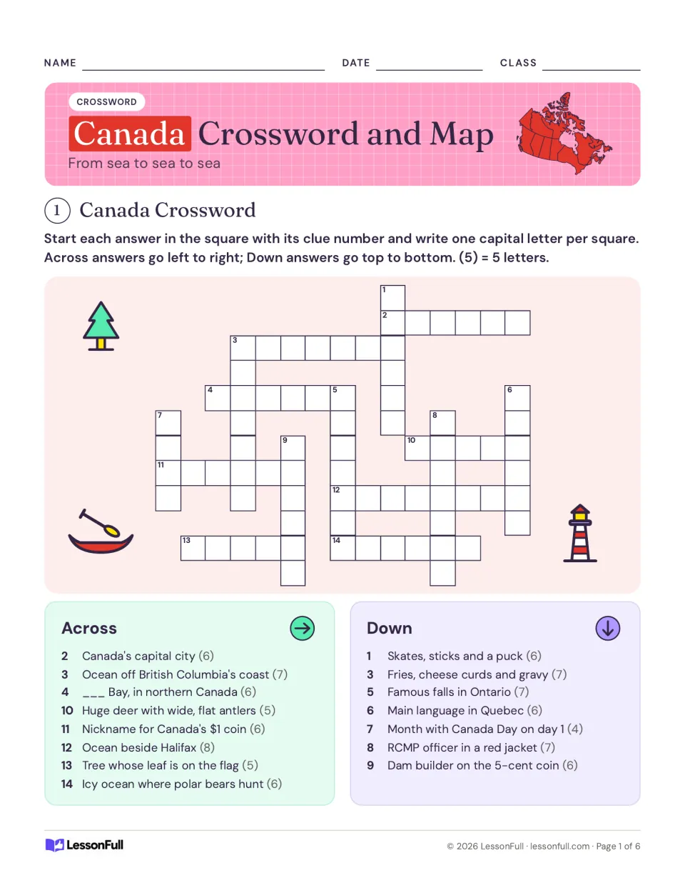 Canada crossword with 14 clues on Ottawa, poutine, hockey, the loonie, Niagara Falls, moose and the Atlantic Ocean