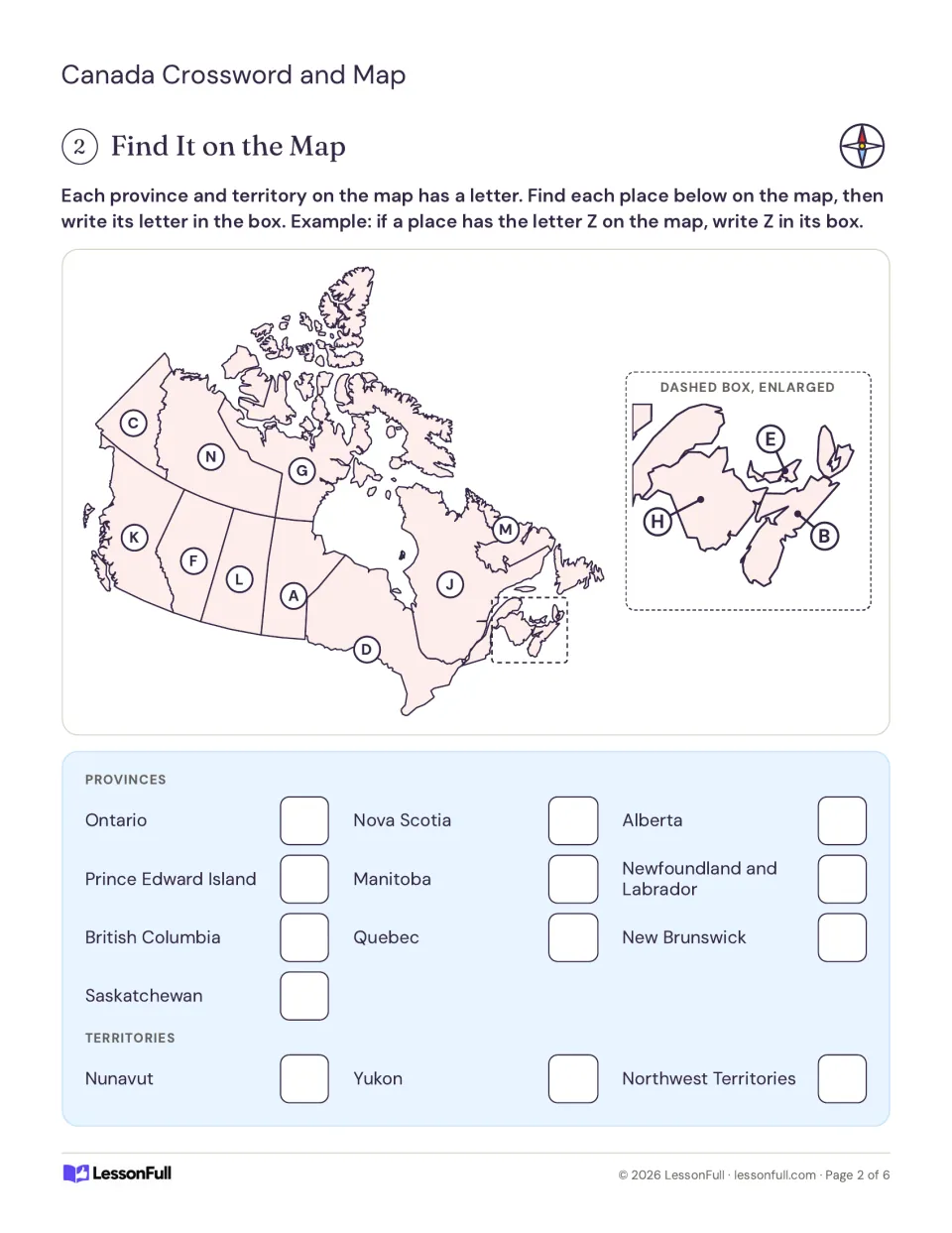 Lettered map of Canada: students find each of the ten provinces and three territories and write its map letter