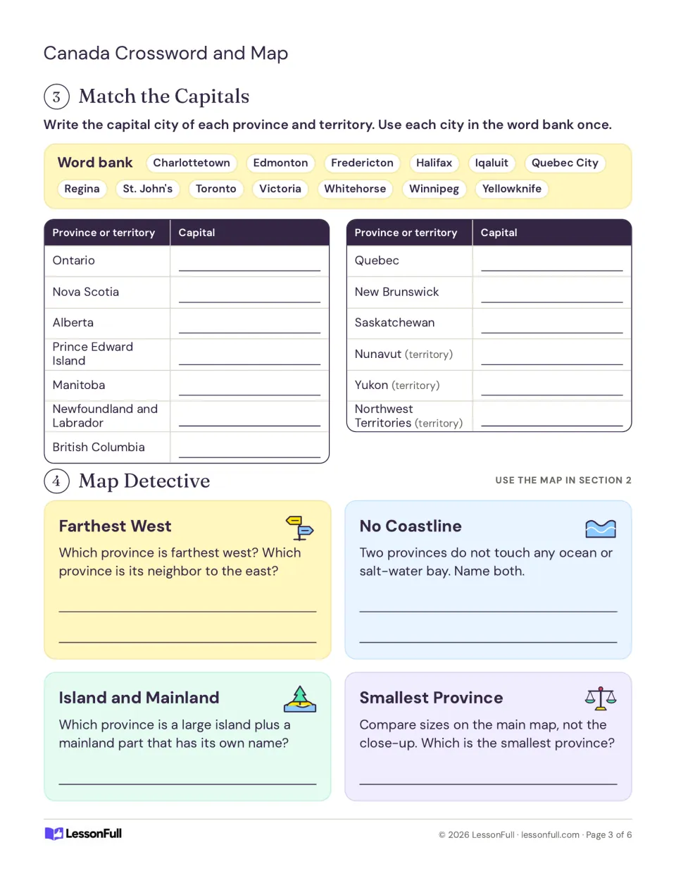 Match the capitals with a word bank of 13 cities, then map detective questions on coastlines and the smallest province