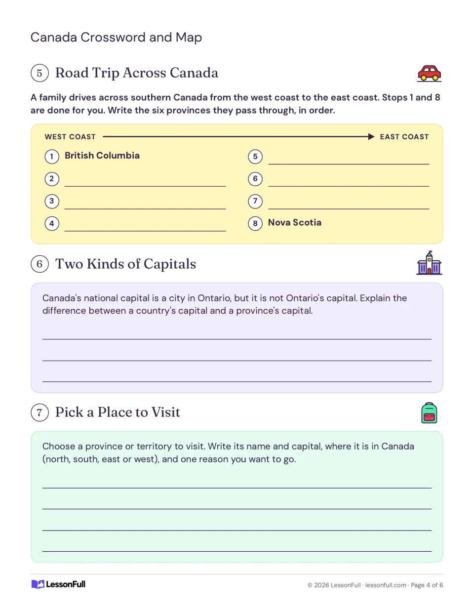 Road trip across southern Canada from British Columbia to Nova Scotia, two kinds of capitals, and a place to visit