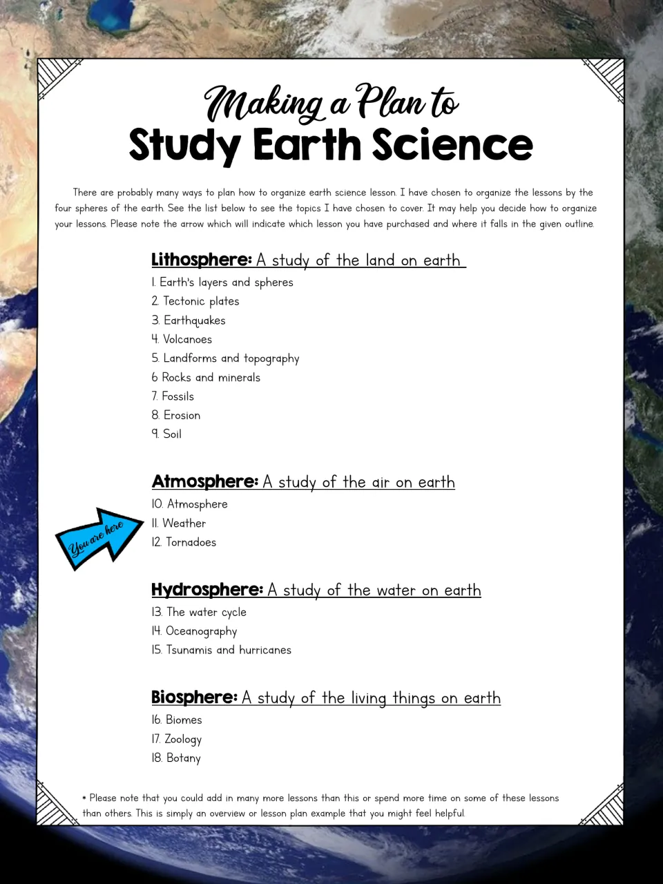 Making a Plan to Study Earth Science: 18 lessons grouped by the four spheres, with a You are here arrow at 11. Weather