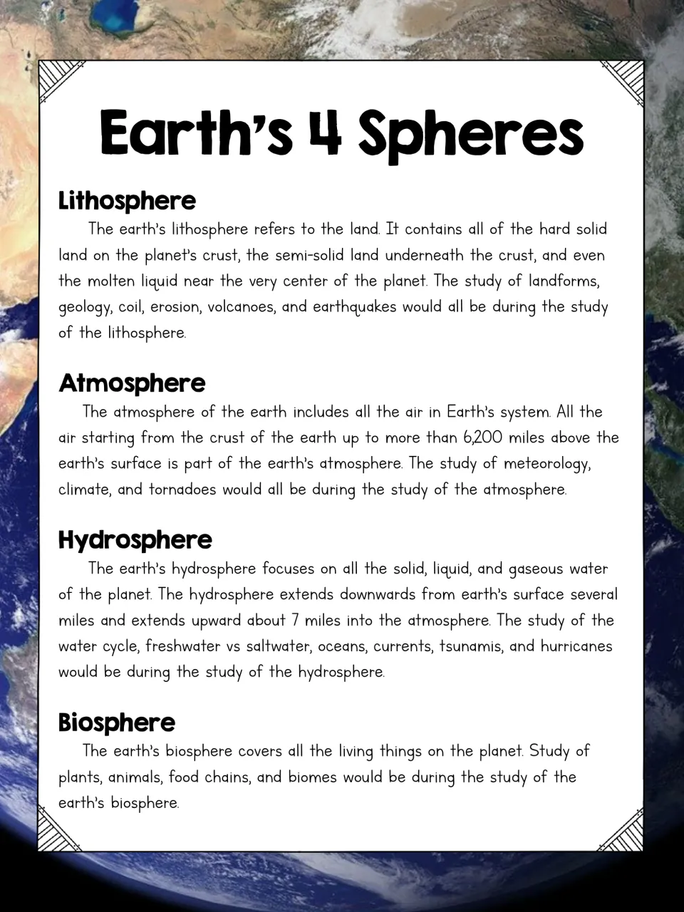 Earth's 4 Spheres reading: passages define the lithosphere, atmosphere, hydrosphere and biosphere and what each covers