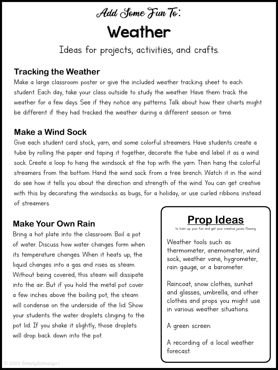 Weather activity ideas: tracking daily weather, making a wind sock and a boiling-pot rain demo, plus a list of prop ideas