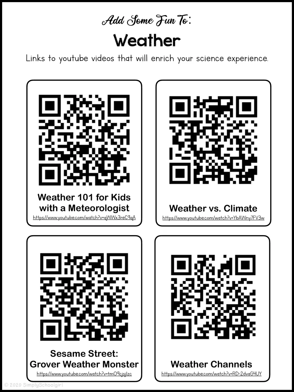 Weather video links: four QR codes to YouTube videos, including Weather 101 for Kids, Weather vs. Climate and Grover
