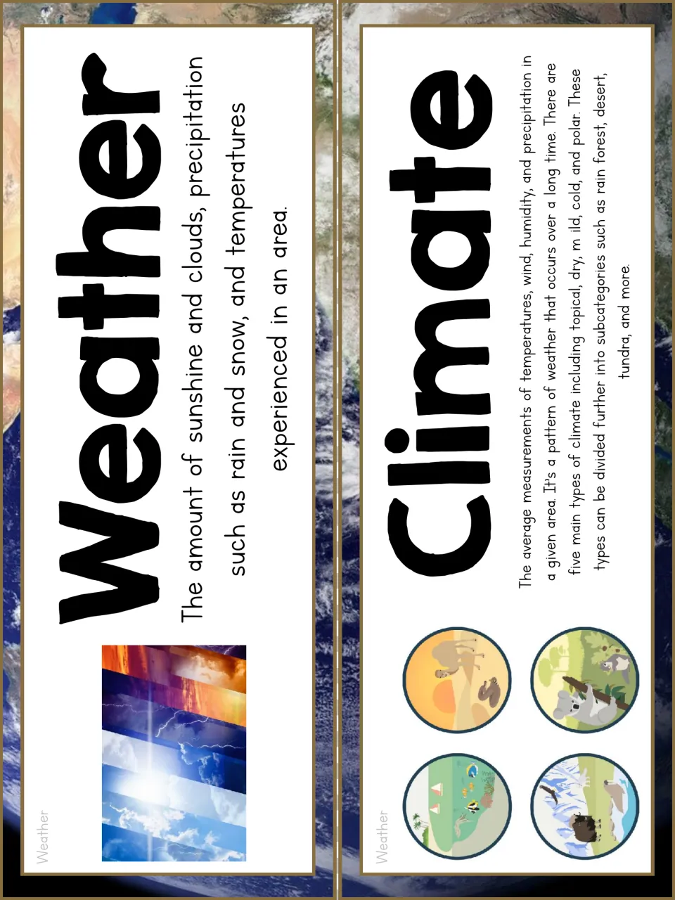 Vocabulary cards for weather and climate: each defines its term, with sky photos and desert and polar climate scenes