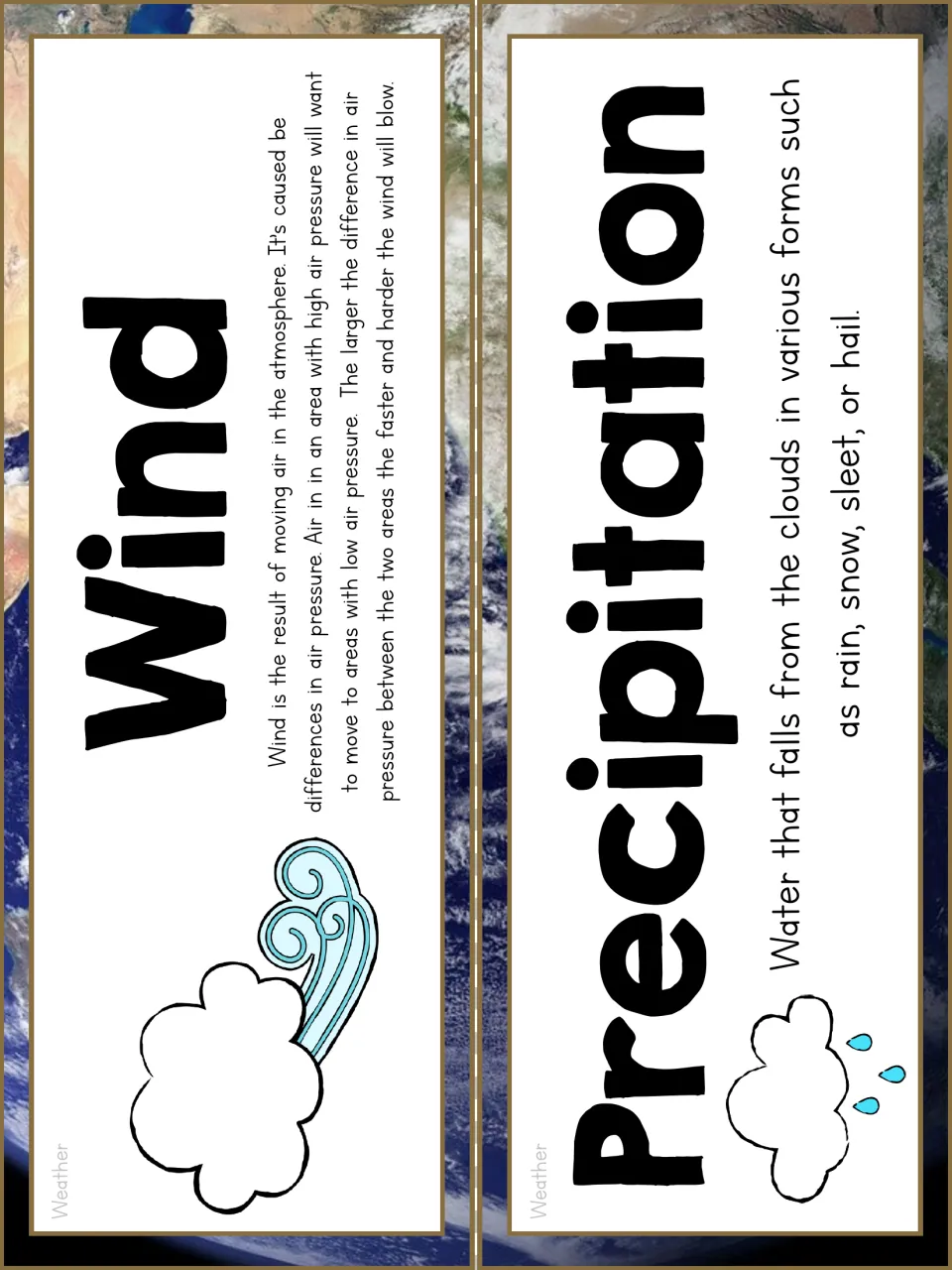 Vocabulary cards for wind and precipitation: wind explained by air pressure, precipitation as rain, snow, sleet or hail