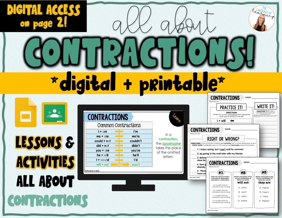 All About Contractions cover: digital and printable lessons and activities, showing a slide and three practice sheets