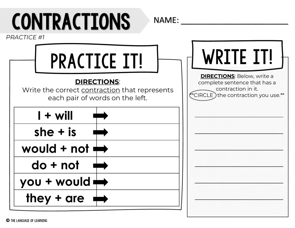 Contractions Practice #1: students write contractions for pairs like she + is, then use one in a sentence and circle it