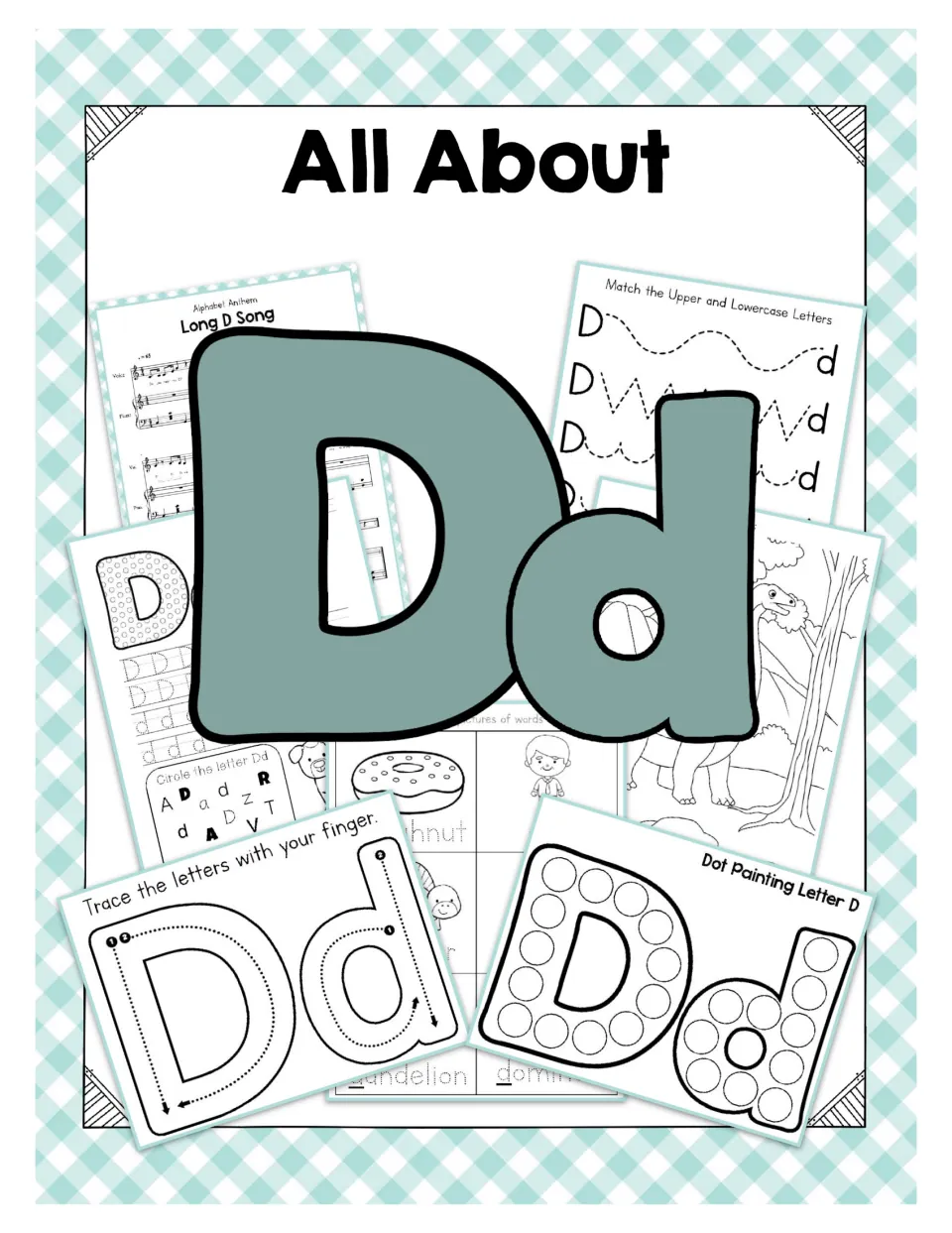 Cover of the letter D unit featuring uppercase D and lowercase d over samples of tracing and dot painting