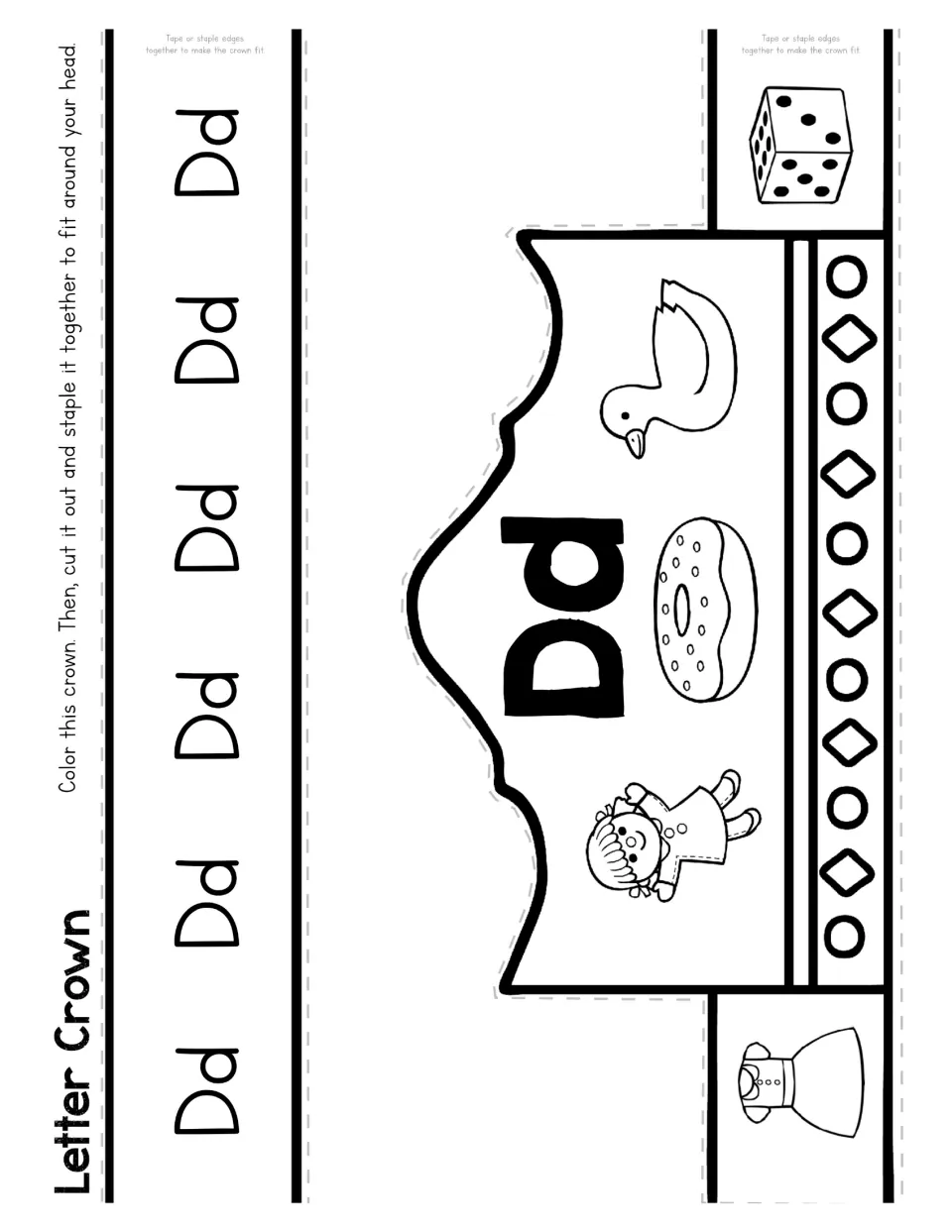 Letter D crown craft to color, cut, and staple, featuring Dd and pictures of a doll, donut, duck, dress, and die