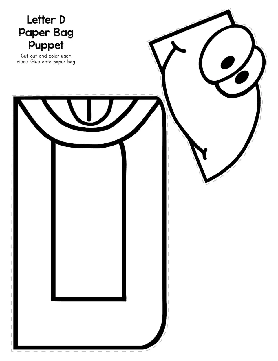 Letter D paper bag puppet craft with a large uppercase D body and a face to cut out, color, and glue to a bag